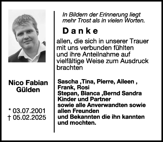 Traueranzeige von Nico Fabian Gülden von WochenSpiegel