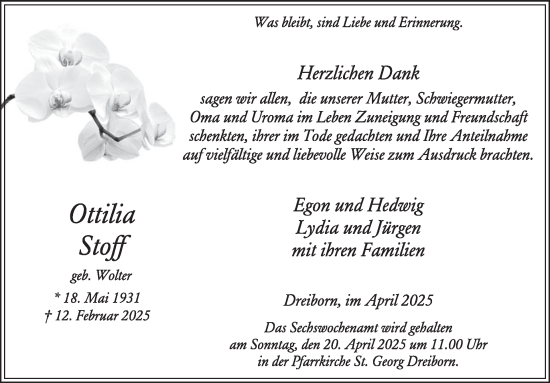 Traueranzeige von Ottilia Stoff von WochenSpiegel