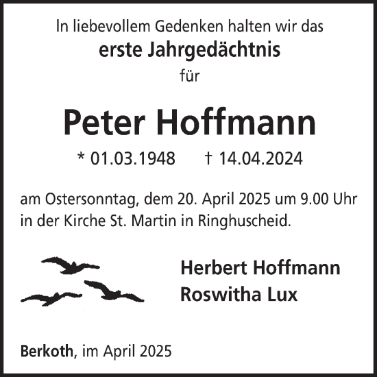 Traueranzeige von Peter Hoffmann von WochenSpiegel