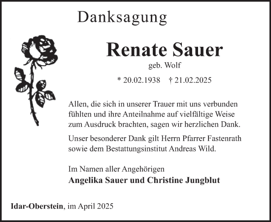 Traueranzeige von Renate Sauer von WochenSpiegel