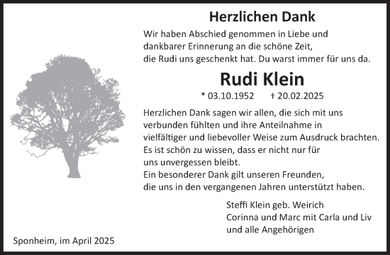 Traueranzeige von Rudi Klein von WochenSpiegel