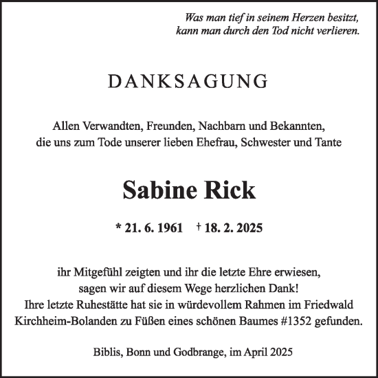 Traueranzeige von Sabine Rick von WochenSpiegel