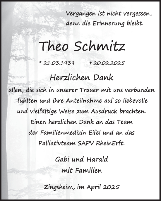 Traueranzeige von Theo Schmitz von WochenSpiegel