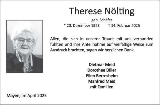 Traueranzeige von Therese Nölting von WochenSpiegel