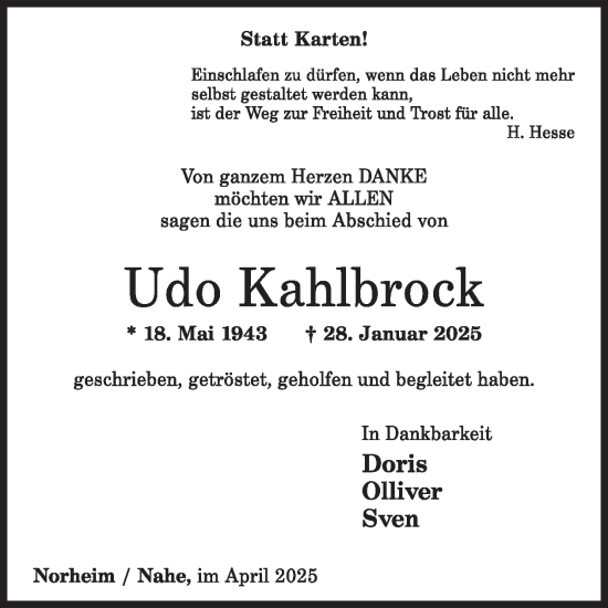 Traueranzeige von Udo Kahlbrock von WochenSpiegel