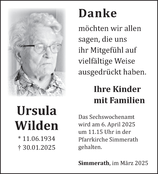 Traueranzeige von Ursula Wilden von WochenSpiegel