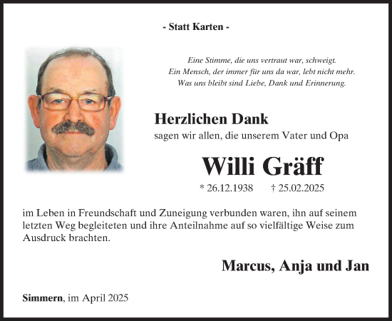 Traueranzeige von Willi Gräff von WochenSpiegel