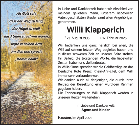 Traueranzeige von Willi Klapperich von WochenSpiegel
