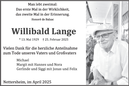 Traueranzeige von Willibald Lange von WochenSpiegel