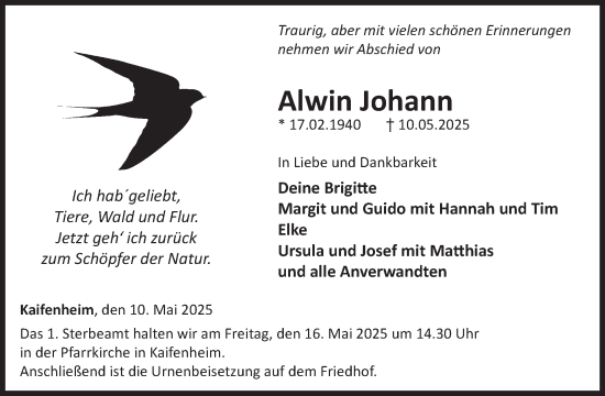 Traueranzeige von Alwin Johann von WochenSpiegel