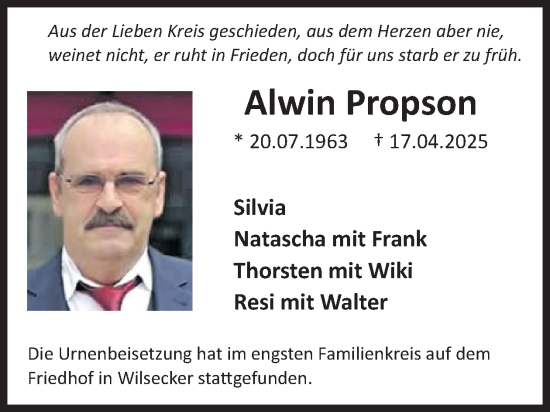 Traueranzeige von Alwin Propson von WochenSpiegel
