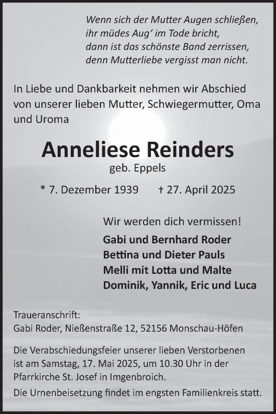 Traueranzeige von Anneliese Reinders von WochenSpiegel