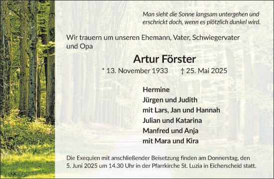 Traueranzeige von Artur Förster von WochenSpiegel