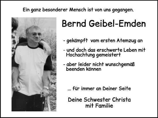 Traueranzeige von Bernd Geibel-Emden von WochenSpiegel