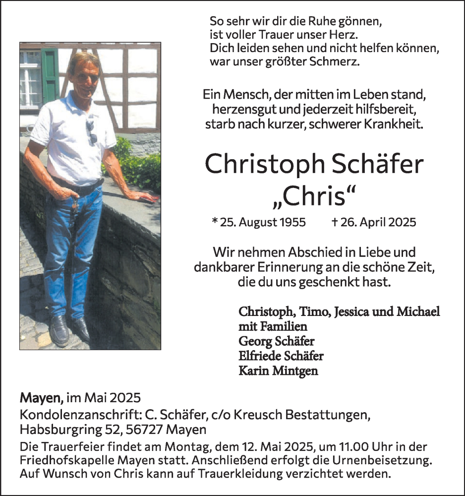  Traueranzeige für Christoph Schäfer vom 07.05.2025 aus WochenSpiegel