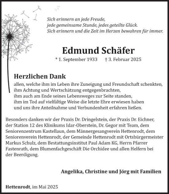 Traueranzeige von Edmund Schäfer von WochenSpiegel