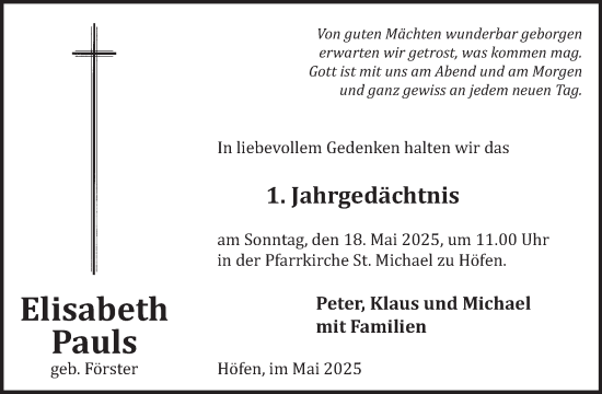 Traueranzeige von Elisabeth Pauls von WochenSpiegel