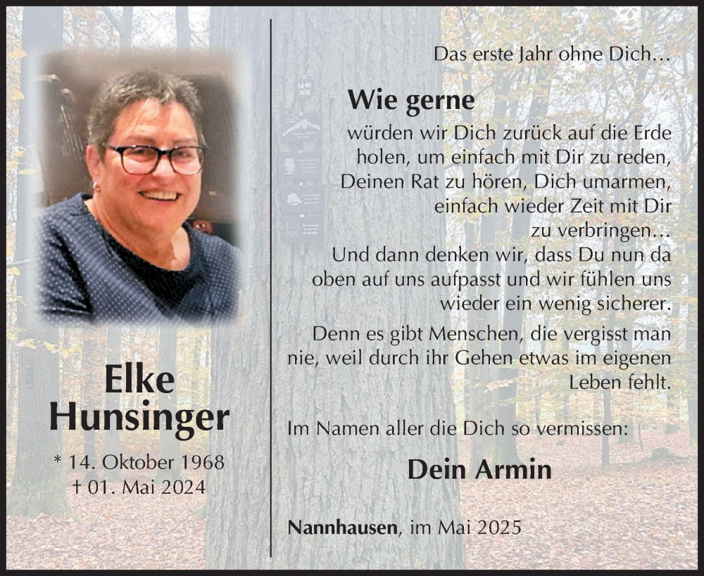  Traueranzeige für Elke Hunsinger vom 03.05.2025 aus WochenSpiegel
