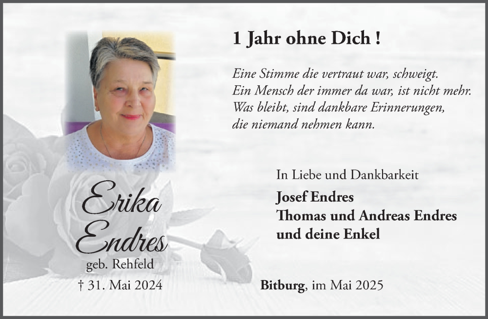  Traueranzeige für Erika Endres vom 23.05.2025 aus WochenSpiegel