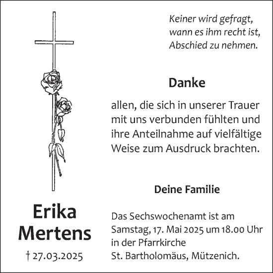Traueranzeige von Erika Mertens von WochenSpiegel