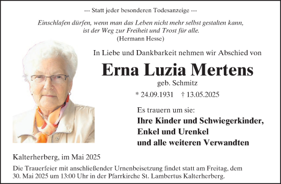 Traueranzeige von Erna Luzia Mertens von WochenSpiegel