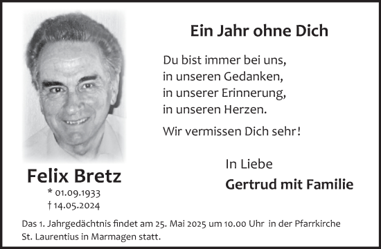 Traueranzeige von Felix Bretz von WochenSpiegel