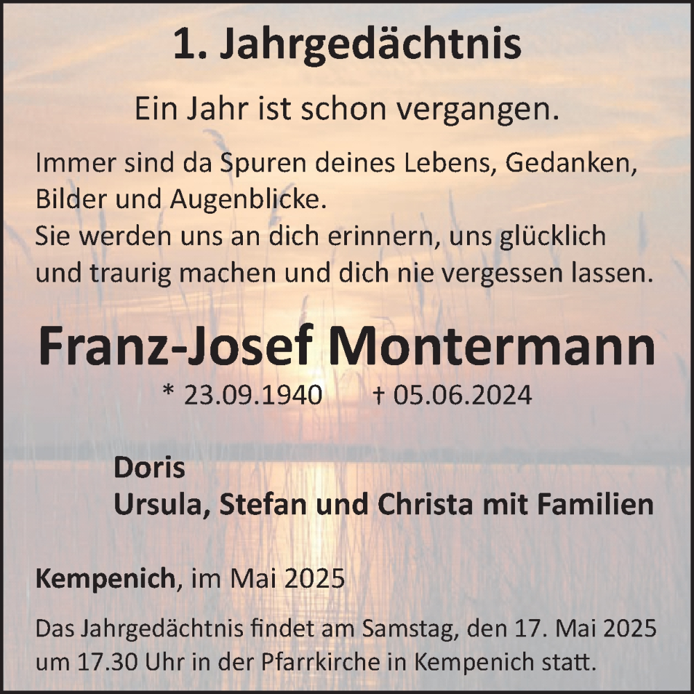  Traueranzeige für Franz-Josef Montermann vom 14.05.2025 aus WochenSpiegel