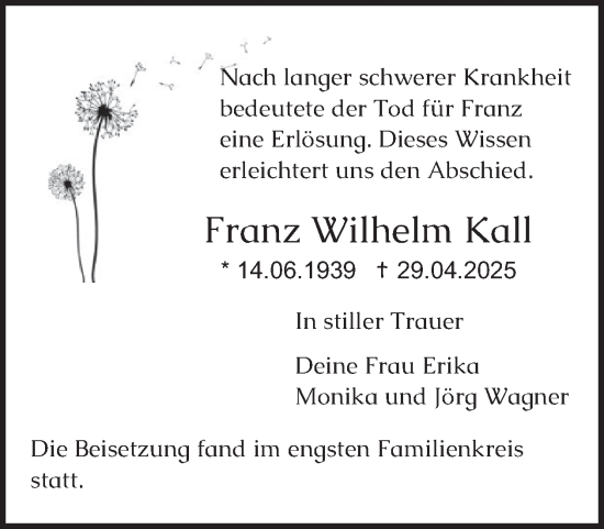 Traueranzeige von Franz Wilhelm Kall von WochenSpiegel