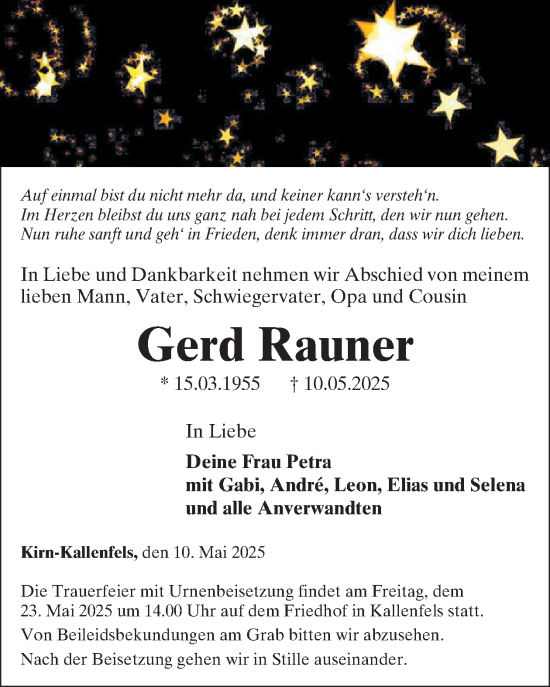 Traueranzeige von Gerd Rauner von WochenSpiegel