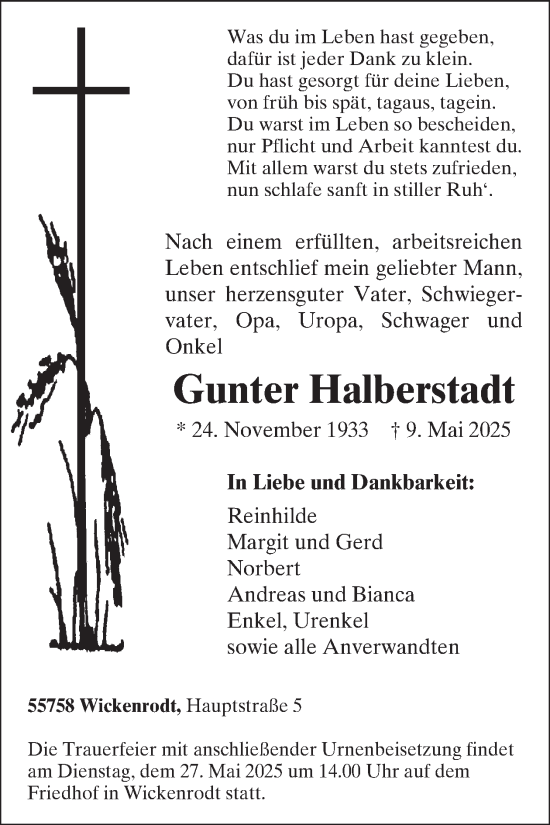 Traueranzeige von Gunter Halberstadt von WochenSpiegel