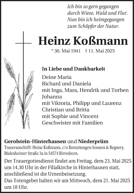 Traueranzeige von Heinz Koßmann von WochenSpiegel