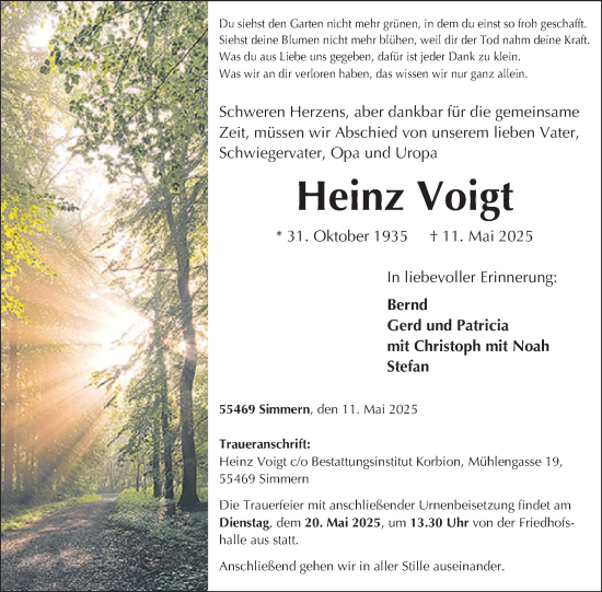Traueranzeige von Heinz Voigt von WochenSpiegel