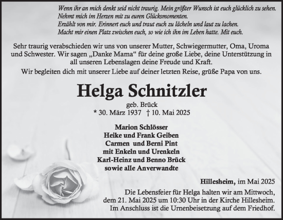 Traueranzeige von Helga Schnitzler von WochenSpiegel