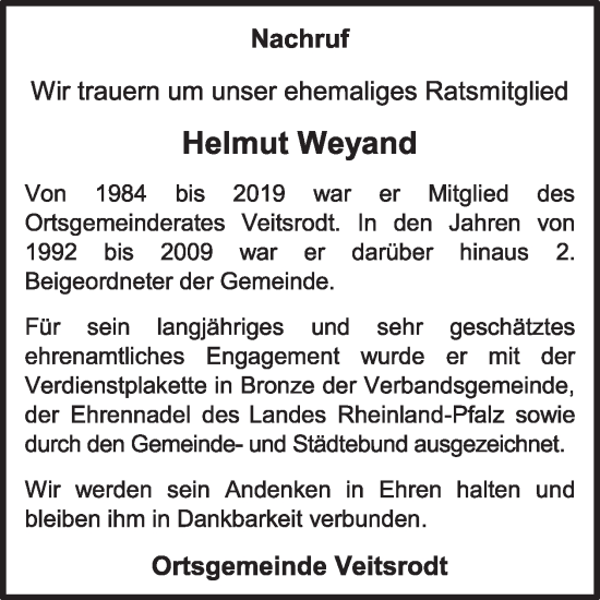 Traueranzeige von Helmut Weyand von WochenSpiegel