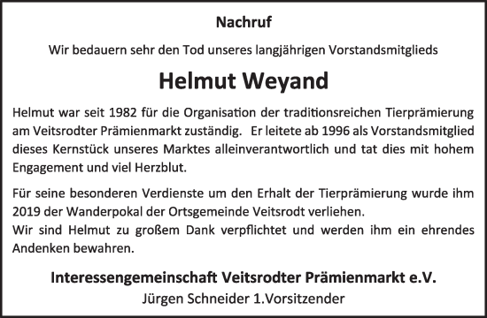 Traueranzeige von Helmut Weyand von WochenSpiegel