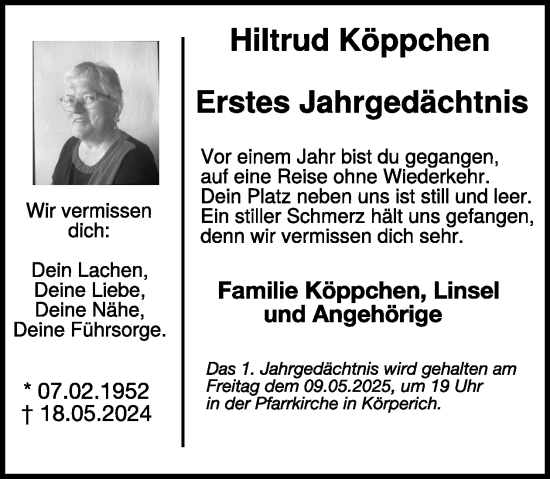 Traueranzeige von Hiltrud Köppchen von WochenSpiegel