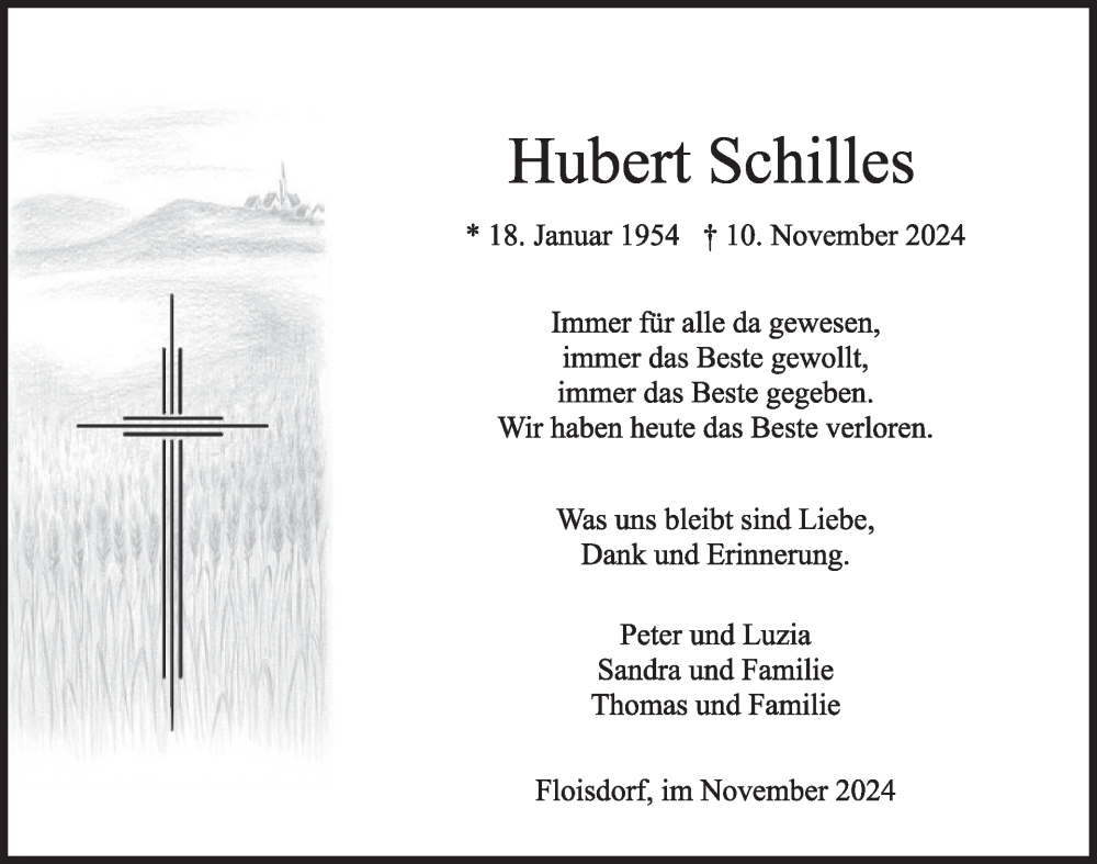  Traueranzeige für Hubert Schilles vom 13.11.2024 aus WochenSpiegel