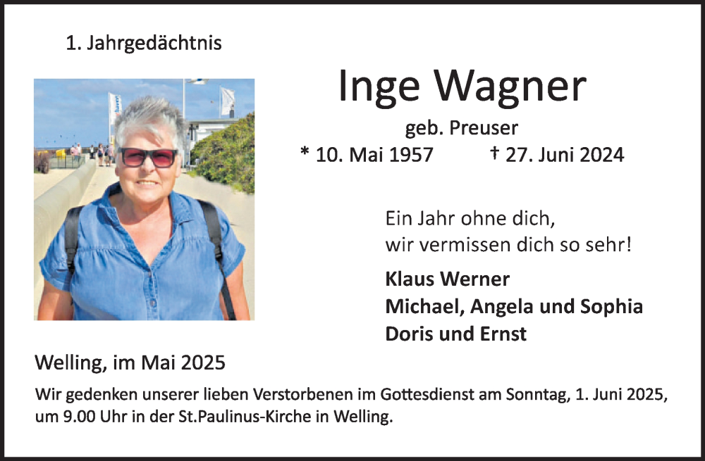  Traueranzeige für Inge Wagner vom 21.05.2025 aus WochenSpiegel