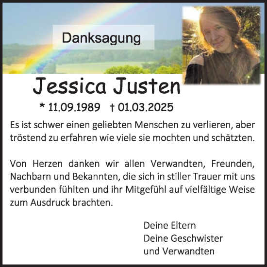 Traueranzeige von Jessica Justen von WochenSpiegel