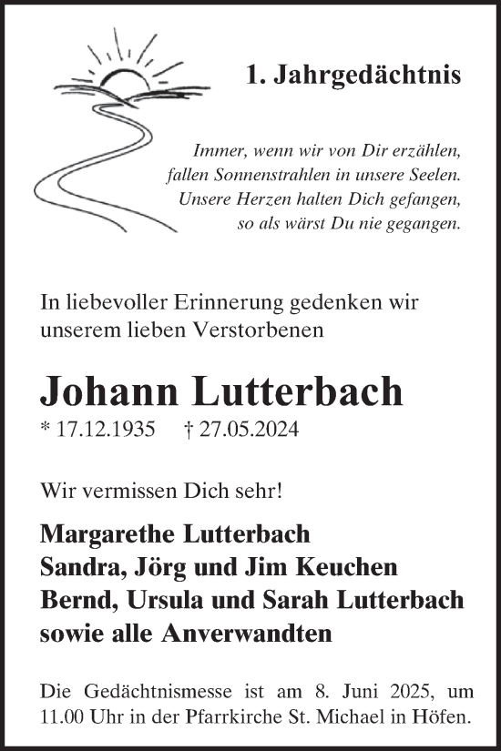 Traueranzeige von Johann Lutterbach von WochenSpiegel