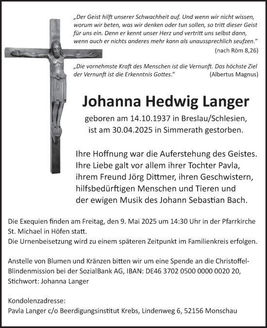 Traueranzeige von Johanna Hedwig Langer von WochenSpiegel