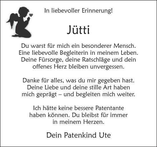 Traueranzeige von Jütti  von WochenSpiegel