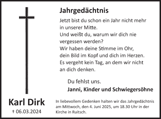Traueranzeige von Karl Dirk von WochenSpiegel