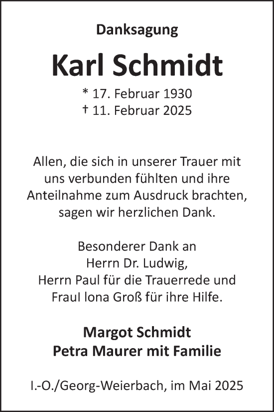 Traueranzeige von Karl Schmidt von WochenSpiegel