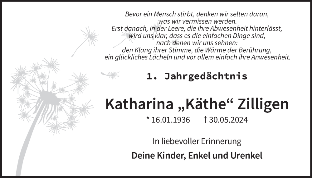  Traueranzeige für Katharina Zilligen vom 28.05.2025 aus WochenSpiegel