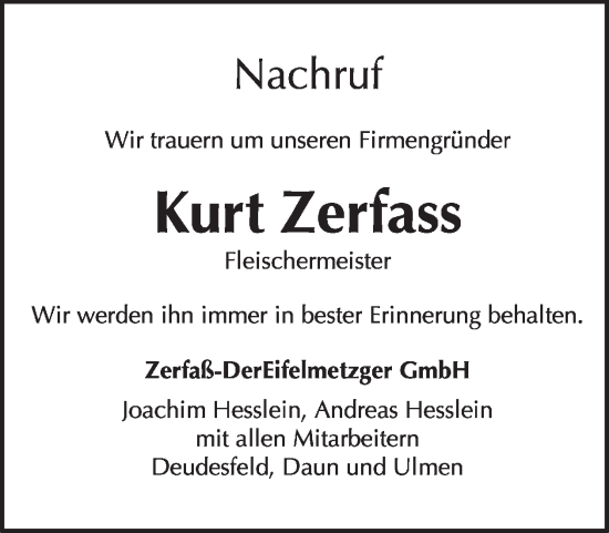 Traueranzeige von Kurt Zerfass von WochenSpiegel