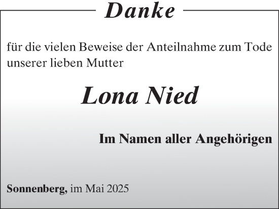 Traueranzeige von Lona Nied von WochenSpiegel