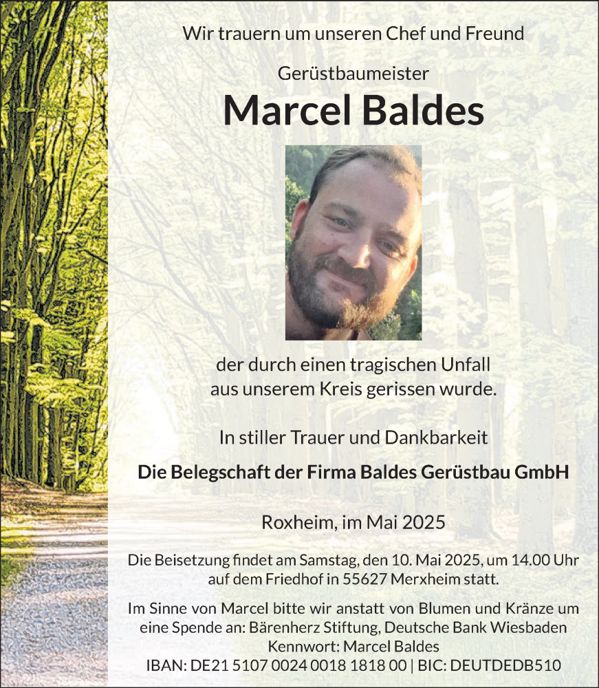  Traueranzeige für Marcel Baldes vom 03.05.2025 aus WochenSpiegel