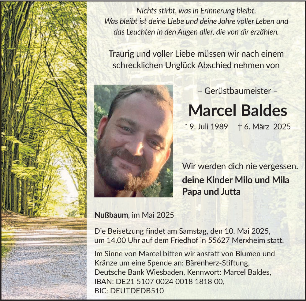  Traueranzeige für Marcel Baldes vom 03.05.2025 aus WochenSpiegel
