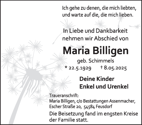 Traueranzeige von Maria Billigen von WochenSpiegel